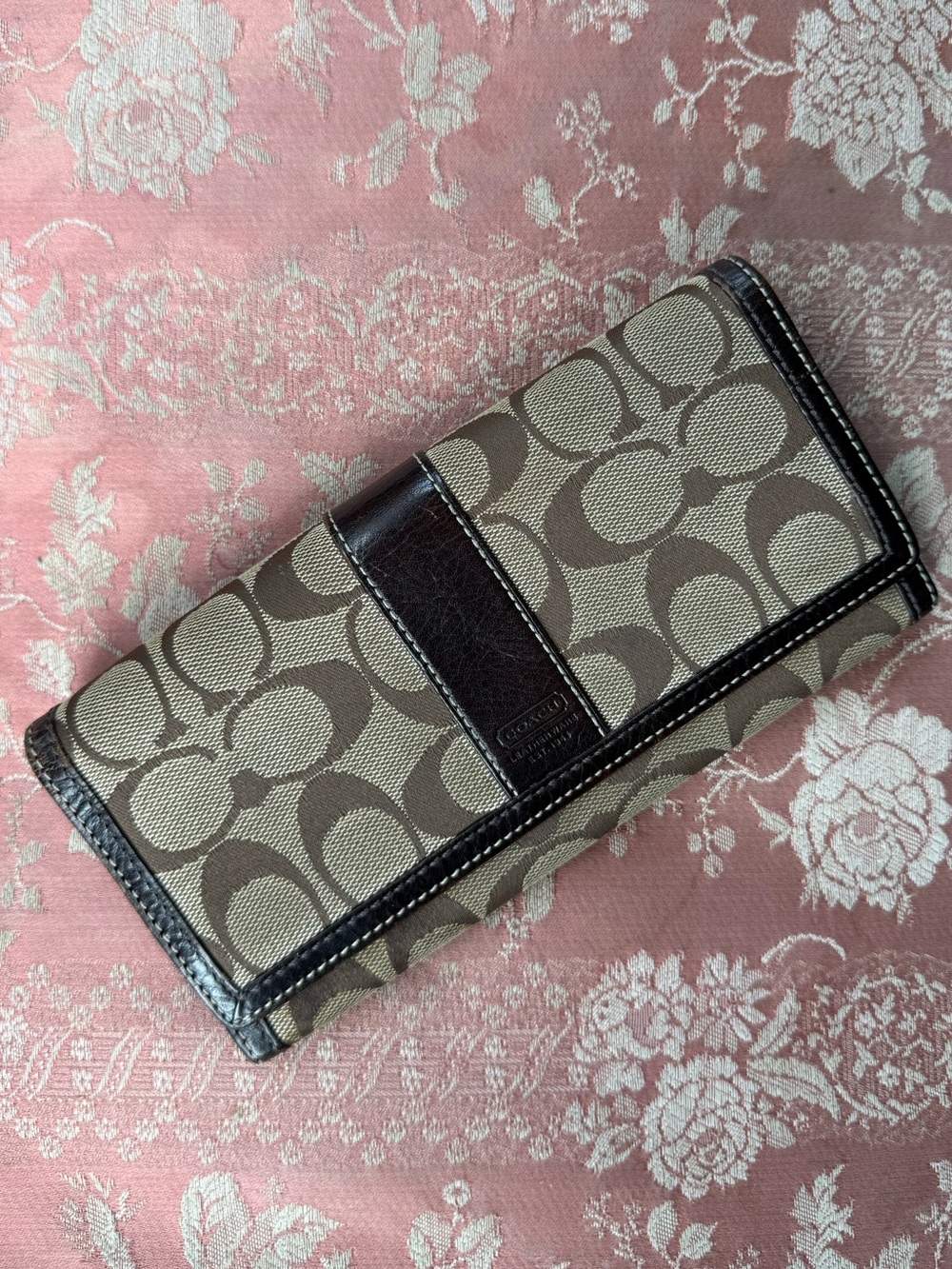 Coach Khaki and Brown Signature Continental Wallet